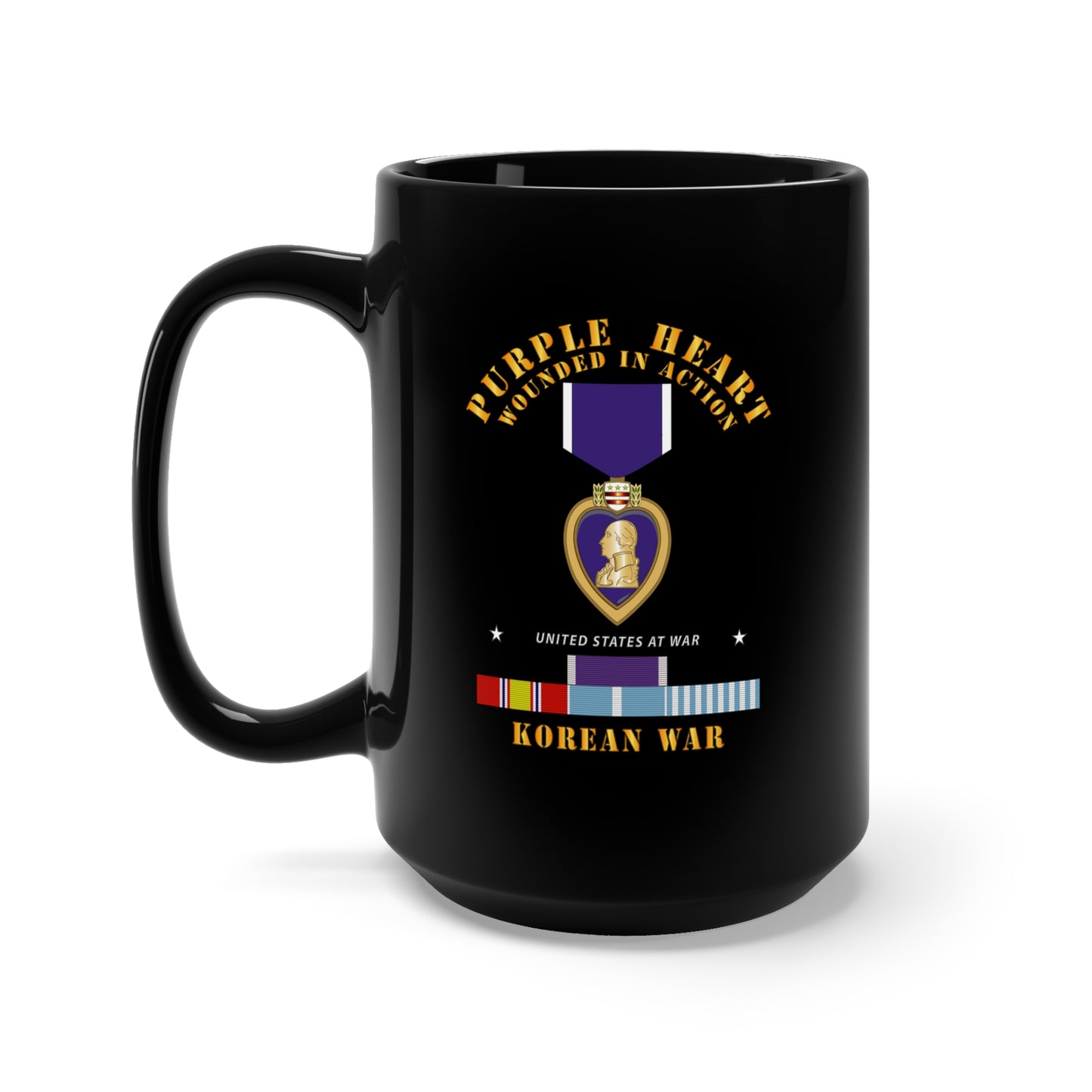 Black Mug 15oz - Purple Heart - WIA w Korean War  w Purple Heart