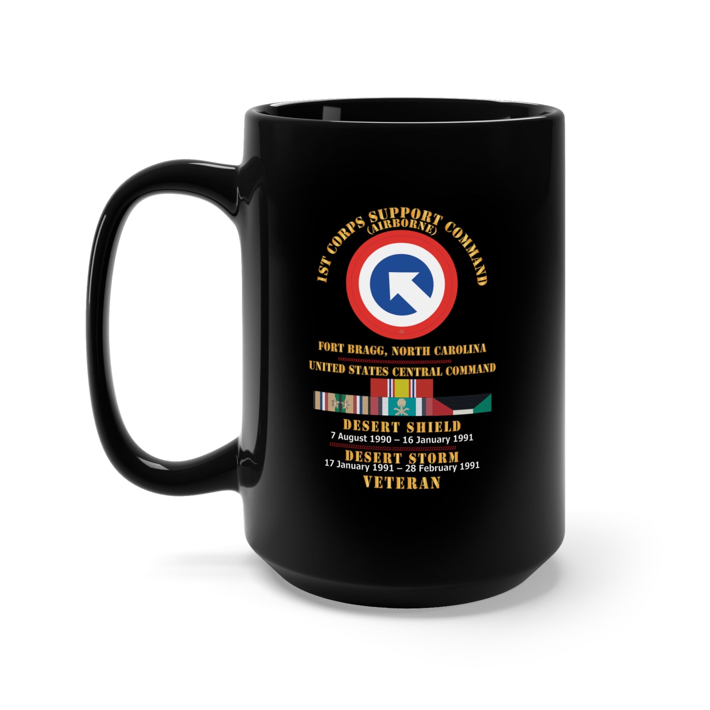 Black Mug 15oz - Army - 1st Corps Support Command (COSCOM)  - US CENCOM - Desert Storm, Desert Shield Veteran X 300