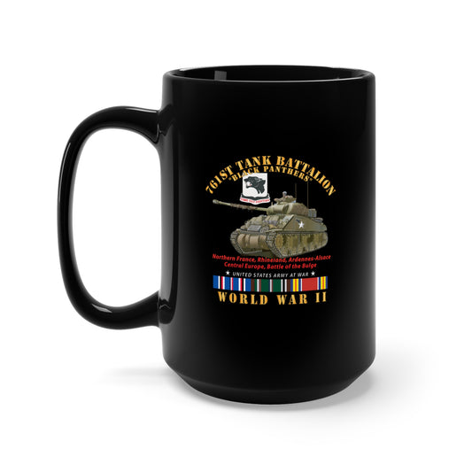 Black Mug 15oz -  Army - 761st Tank Battalion - Black Panthers - w Tank WWII  EU SVC