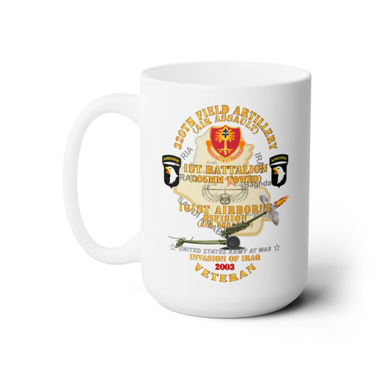 White Ceramic Mug 15oz - Army - 1st Bn, 320th FA, 101st Airborne Div - Invasion - 2003 w AA Badge - w 105mm  Map - posted in ebay