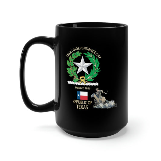 Black Mug 15oz - Texas Independence Day  - State Emblem  and Cowboy X 300