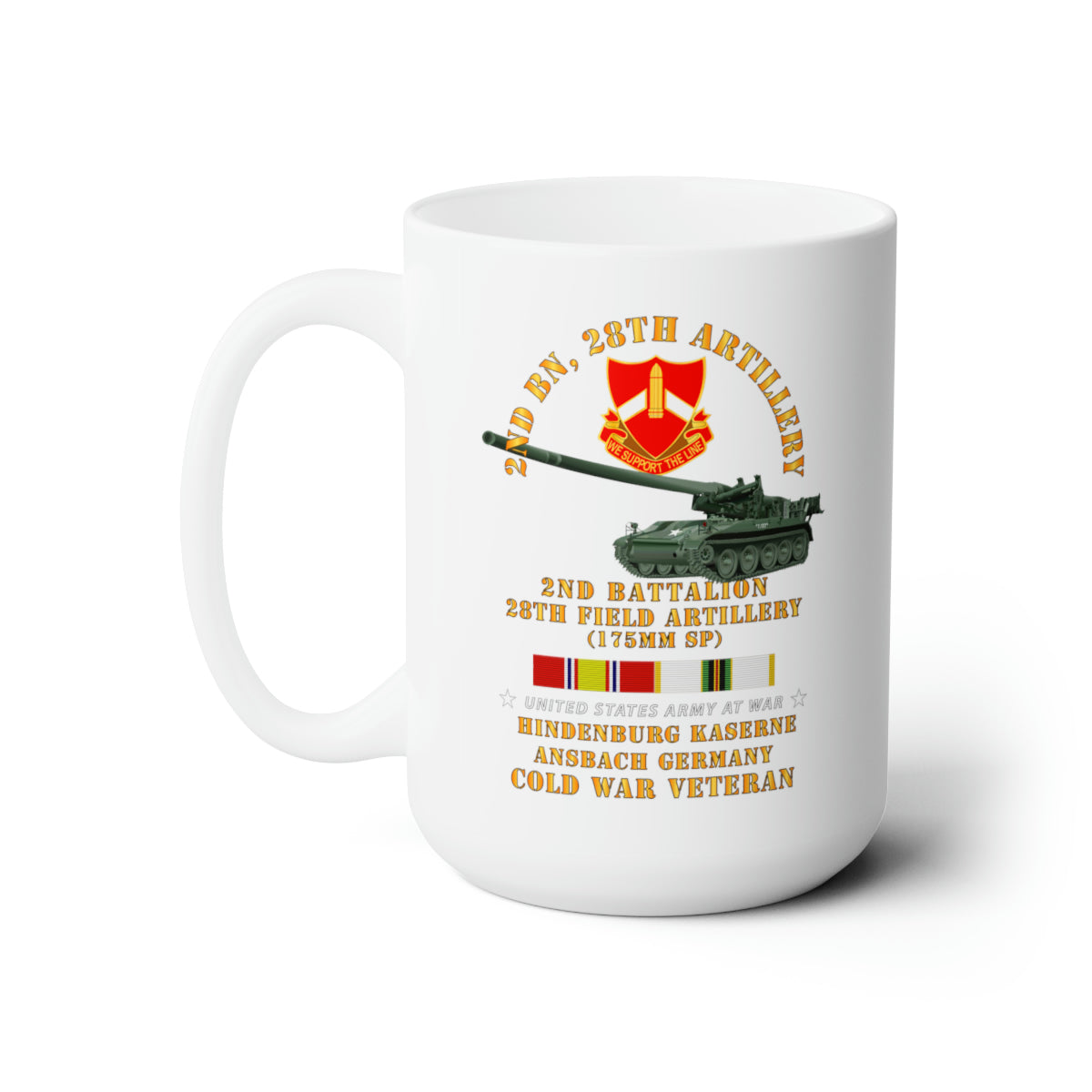 White Ceramic Mug 15oz - Army - 2nd Bn 28th Artillery - 175mm - Hindenburg Ansbach Germany  w COLD SVC