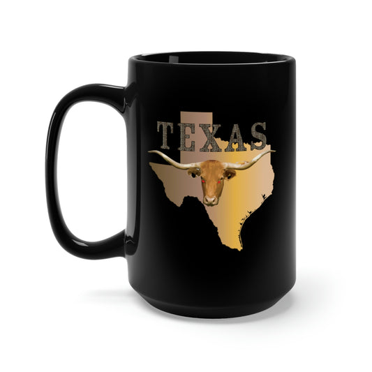 Black Mug 15oz - Texas - Rattler Skin -Texas State Map w Longhorn  X 300