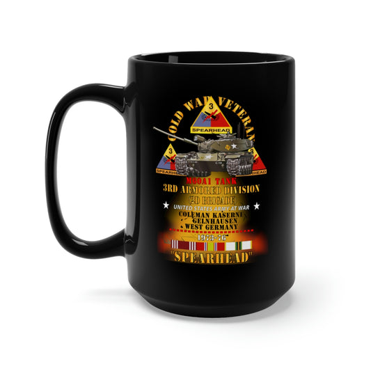Black Mug 15oz - Army - Cold War Vet -  3rd Armored Division  - Gelnhausen, Germany - M60A1 Tank  - Spearhead w Fire - 1973-76 w DUI - COLD X 300