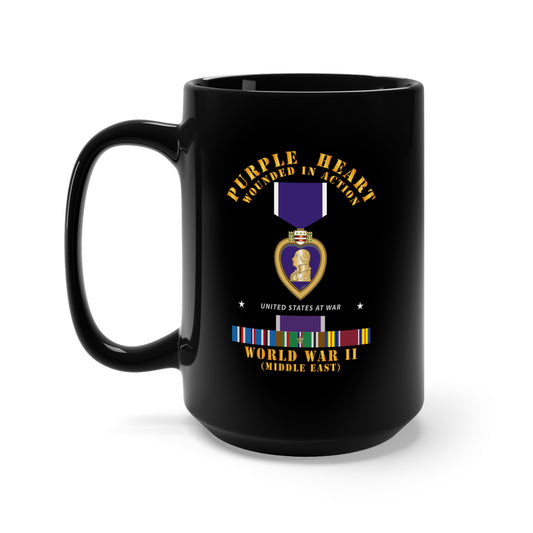 Black Mug 15oz - Purple Heart - WIA w WWII SVC w Purple Heart - Middle East