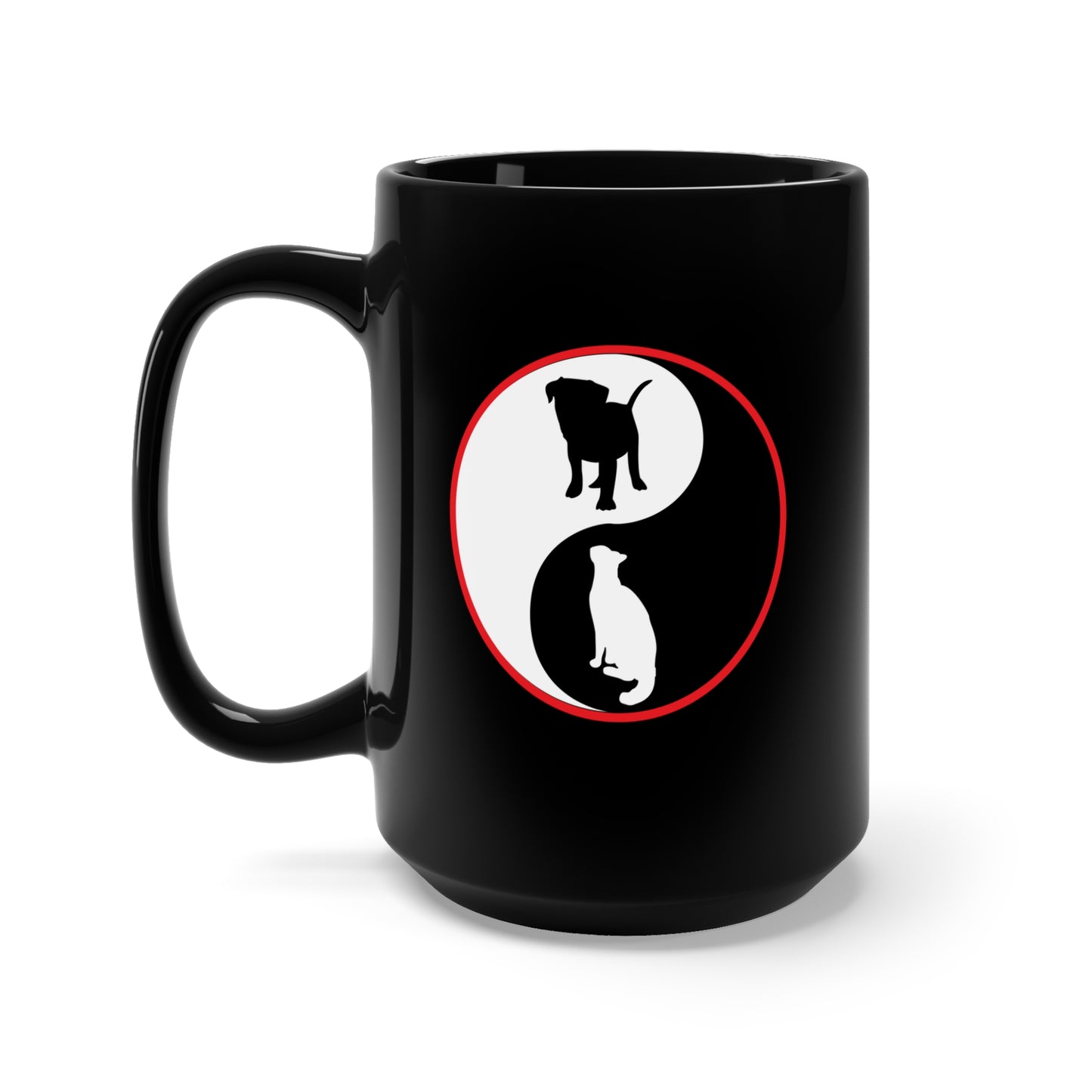 Black Mug 15oz - Ying-Yang w Dog - Cat - BW w Red Circle X 300