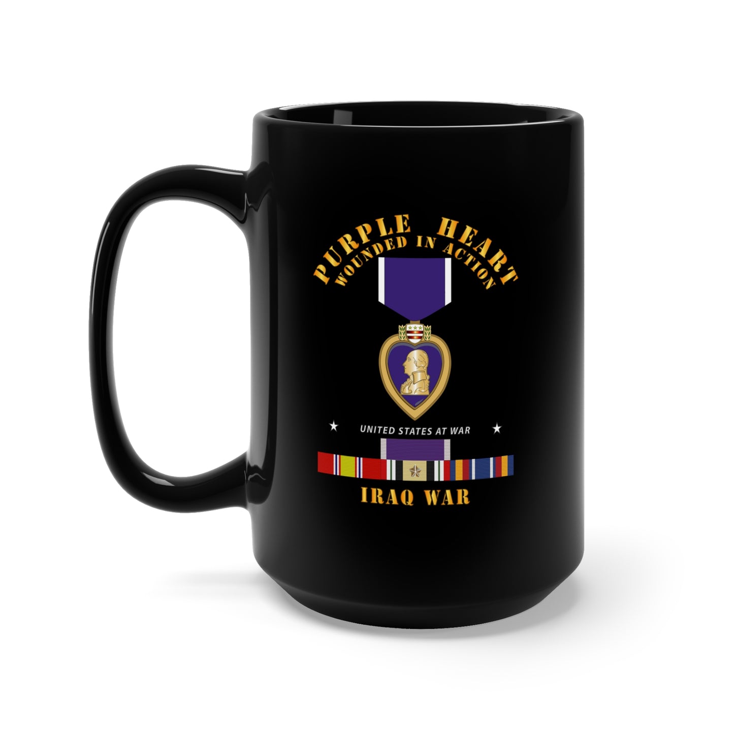 Black Mug 15oz - Purple Heart - WIA w IRAQ SVC w Purple Heart Ribbon