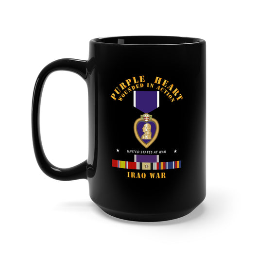 Black Mug 15oz - Purple Heart - WIA w IRAQ SVC w Purple Heart Ribbon