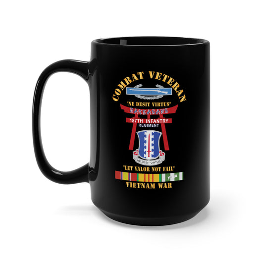 Black Mug 15oz - Army - Combat Veteran - 187th Infantry Regiment - Torii, Rakkasans, Let Valor Not Fail, English, Latin w CIB w WWII PAC SVC X 300