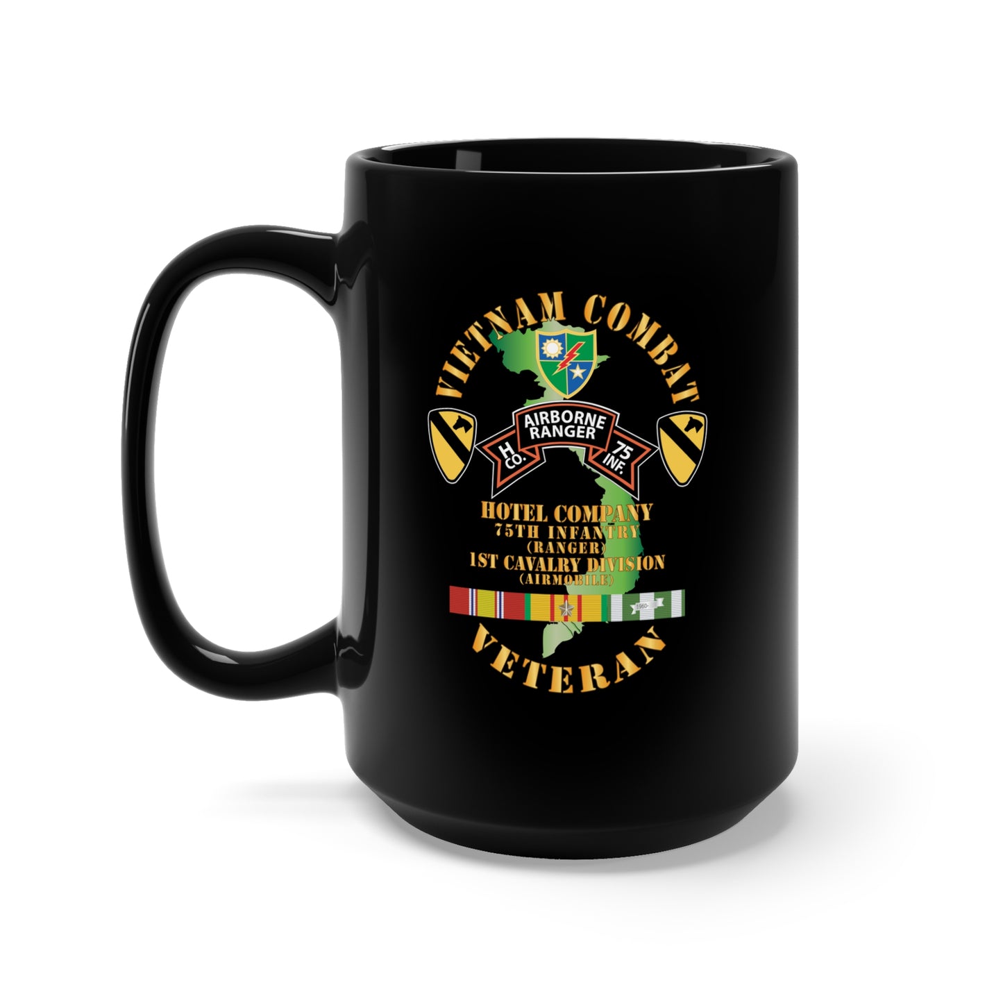 Black Mug 15oz - Army - Vietnam Combat Veteran - H Co 75th Inf Ranger - 1st Cav Div X 300