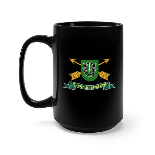 Black Mug 15oz - 10th Special Forces Group - Flash w Br - Ribbon X 300