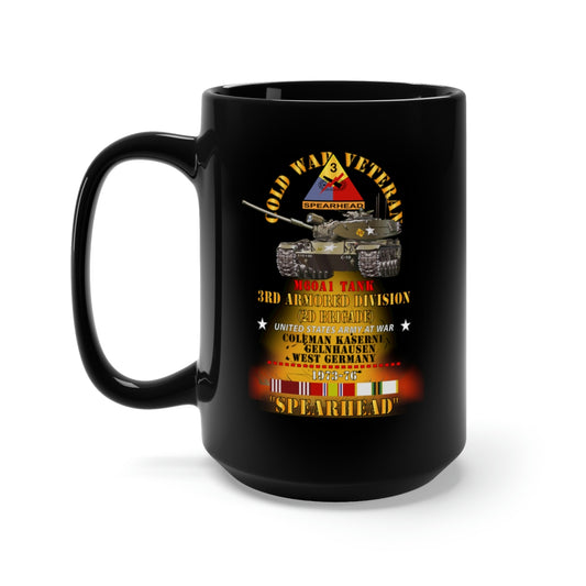 Black Mug 15oz - Army - Cold War Vet -  3rd Armored Division  - Gelnhausen, Germany - M60A1 Tank  - Spearhead w Fire - 1973-76 COLD X 300