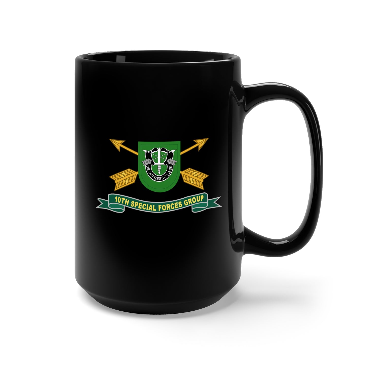 Black Mug 15oz - 10th Special Forces Group - Flash w Br - Ribbon X 300