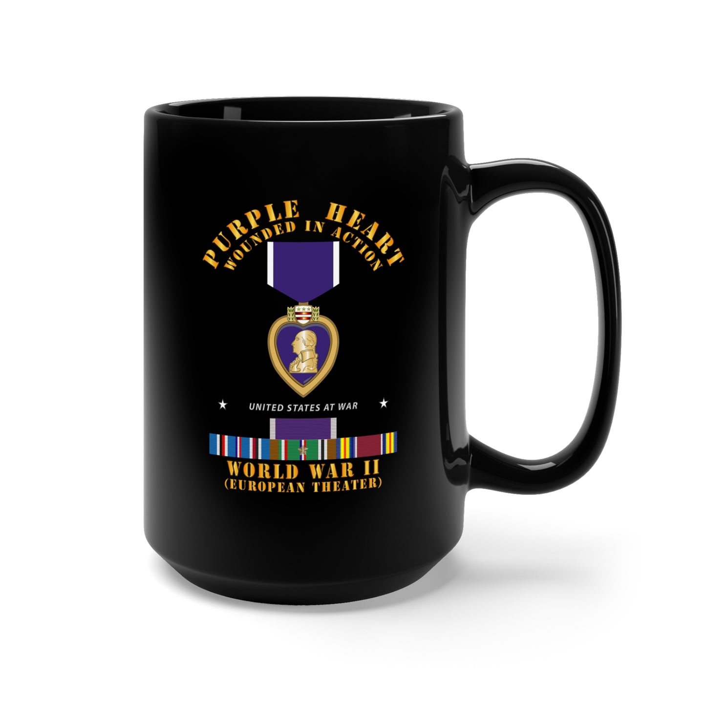 Black Mug 15oz - Purple Heart - WIA w WWII SVC w Purple Heart - Europe