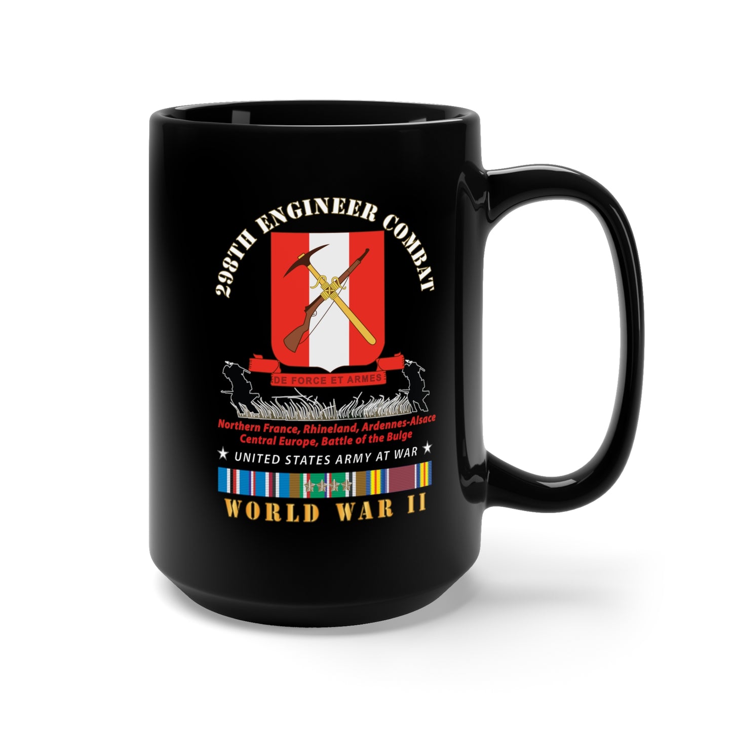 Black Mug 15oz - 298TH Engineer Combat Battalion DUI - WWII - w EURSVC X 300