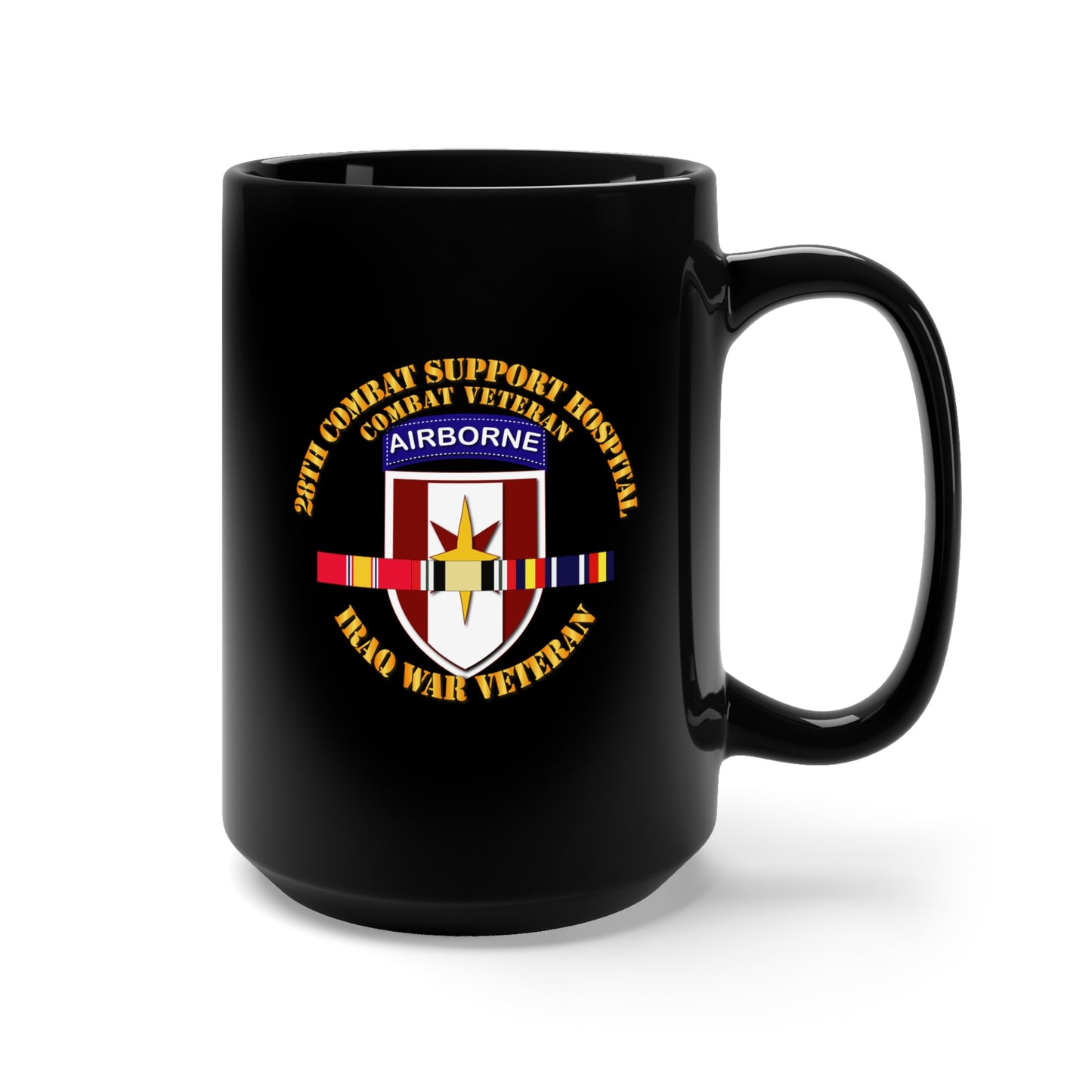Black Mug 15oz - 28th Cbt Sup Hospital - Iraq Vet w SVC Ribbons