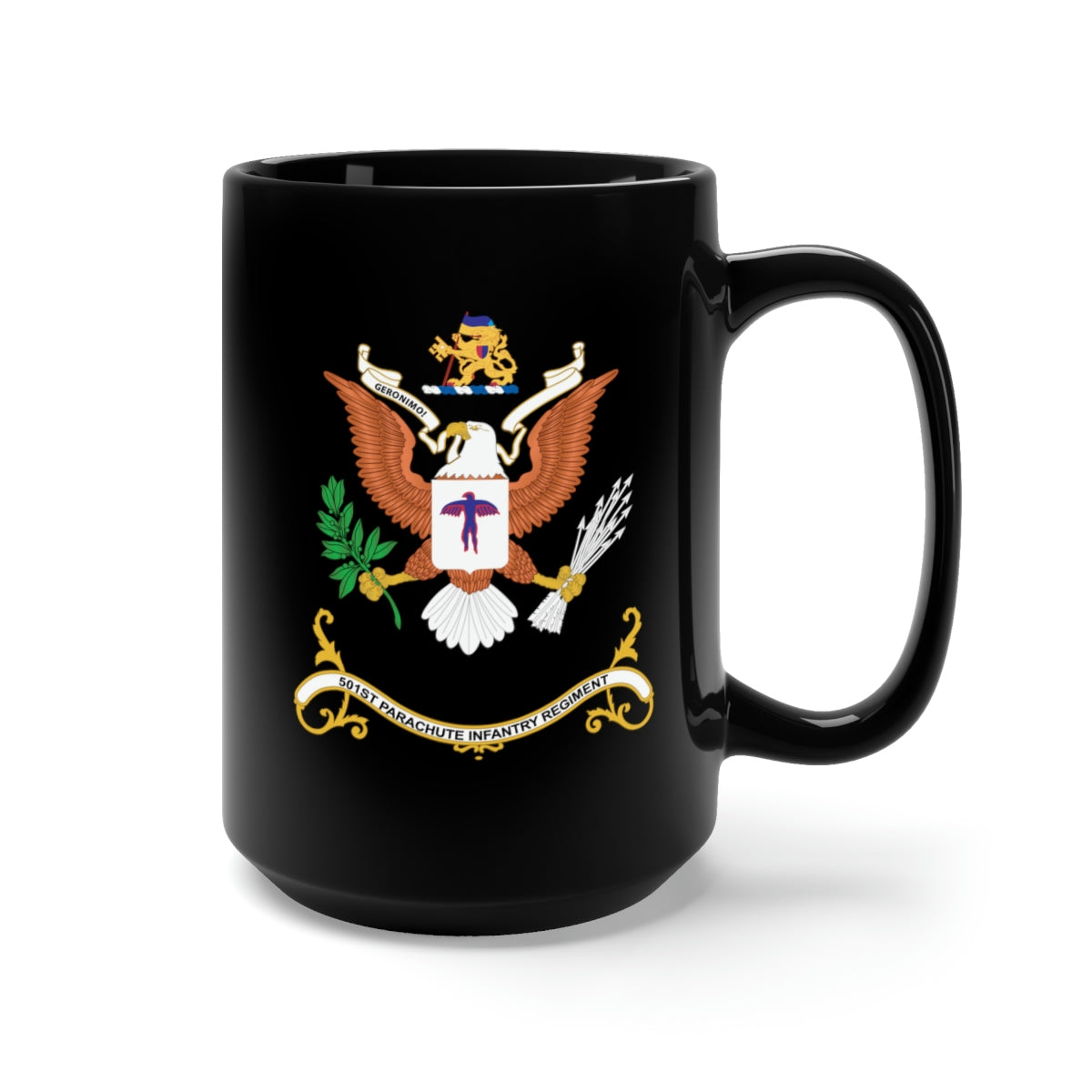 Black Mug 15oz - Army - Regimental Colors - 501st Parachute Infantry Regiment  - GERONIMO! X 300
