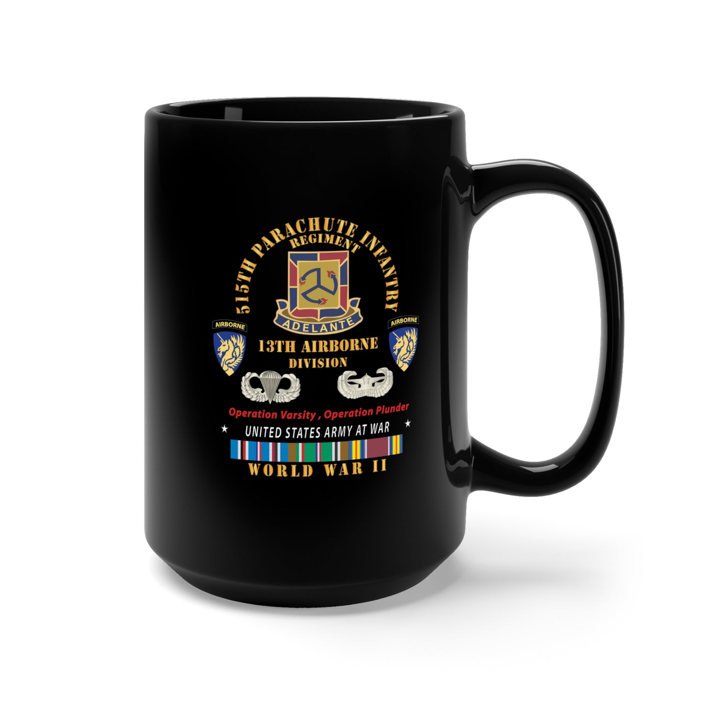 Black Mug 15oz - Army - 515th Parachute Infantry Regiment - DUI - 13th Airborne Div w Parachute - EUR SVC WWII X 300