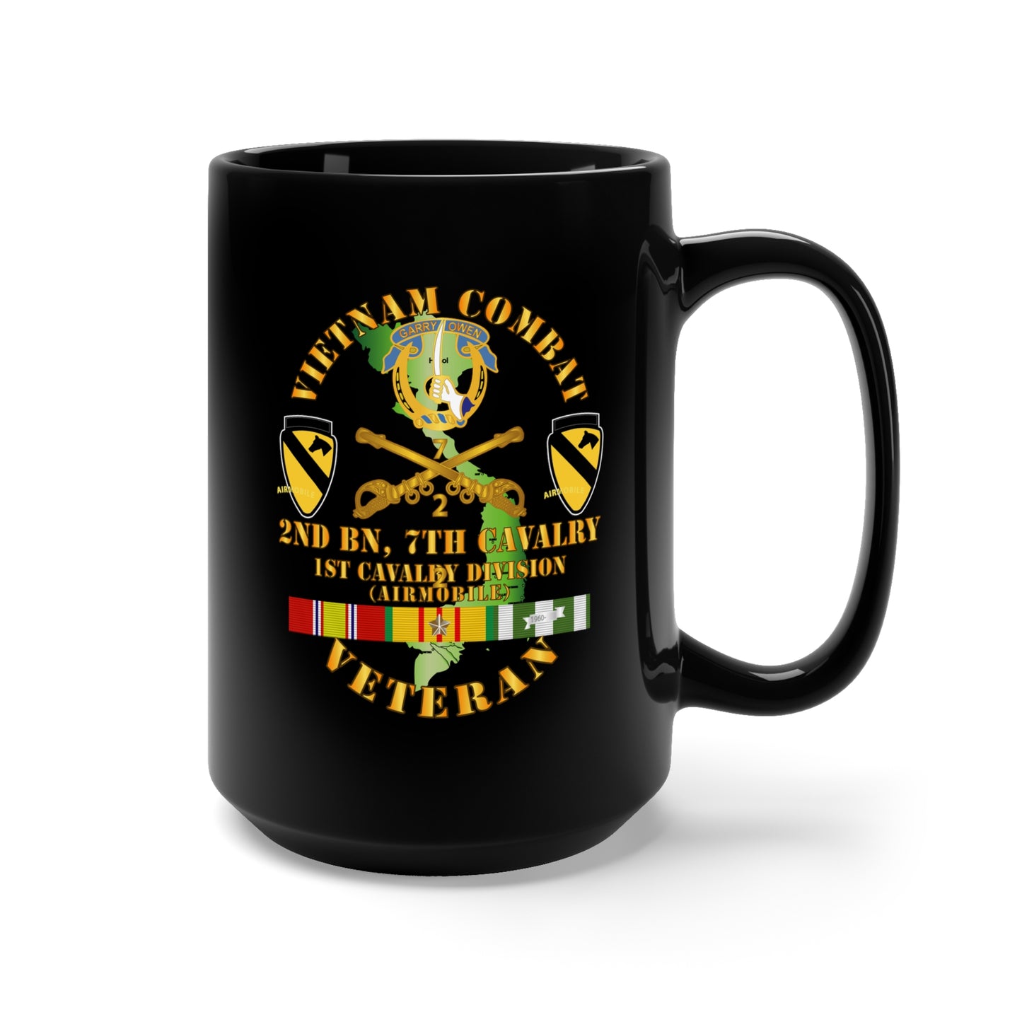 Black Mug 15oz - Vietnam Combat Cavalry Vet w 2nd Bn 7th Cav DUI - 1st Cav Div X 300
