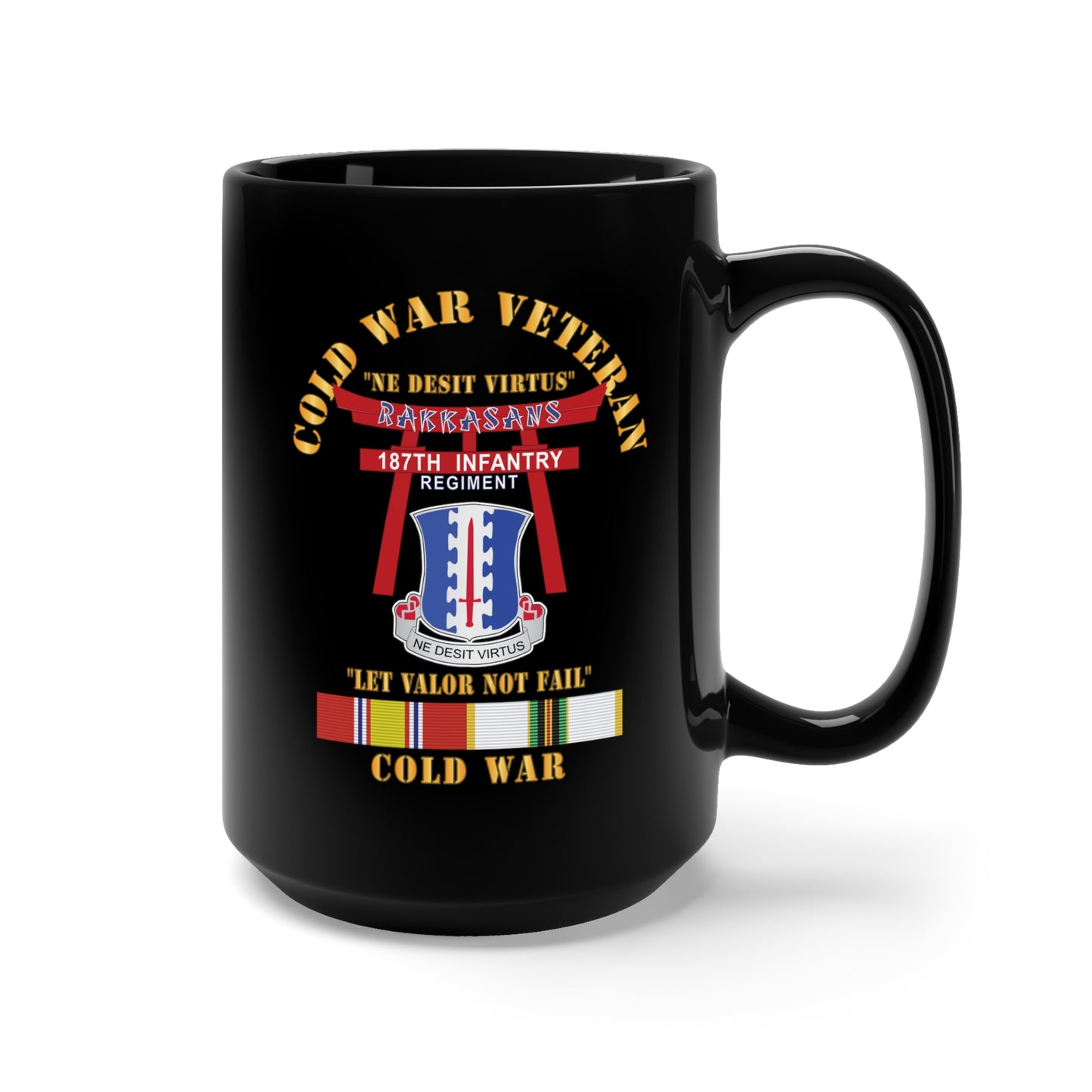 Black Mug 15oz - Army - Cold War Veteran - 187th Infantry Regiment - Torii, Rakkasans, Let Valor Not Fail, English, Latin w COLD SVC X 300