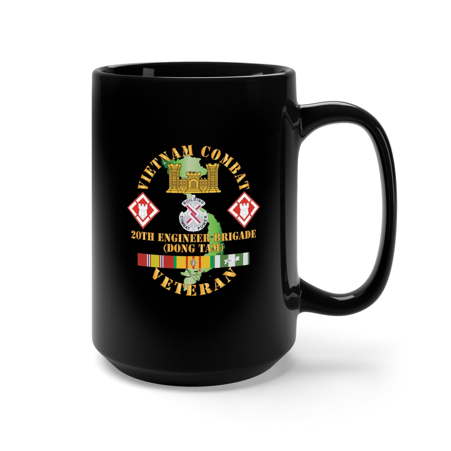 Black Mug 15oz - Army - Vietnam Combat Veteran w 20th Engineer Brigade  SSI - Dong Tam X 300
