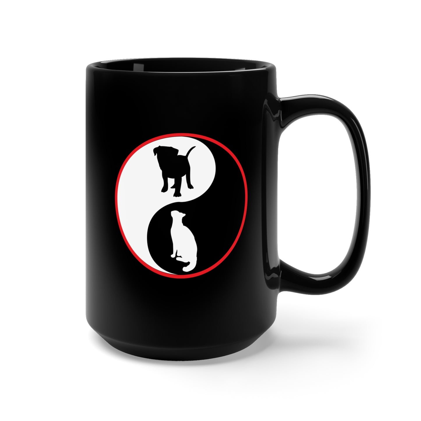 Black Mug 15oz - Ying-Yang w Dog - Cat - BW w Red Circle X 300