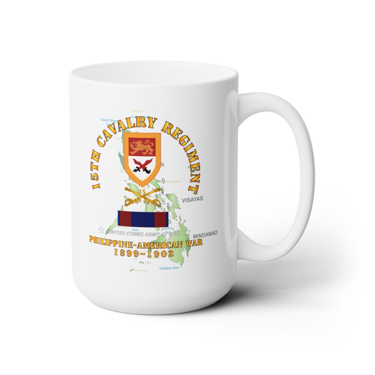 White Ceramic Mug 15oz - Army - 15th Cavalry Regiment - Phil AMerican War w PHIL WAR SVC