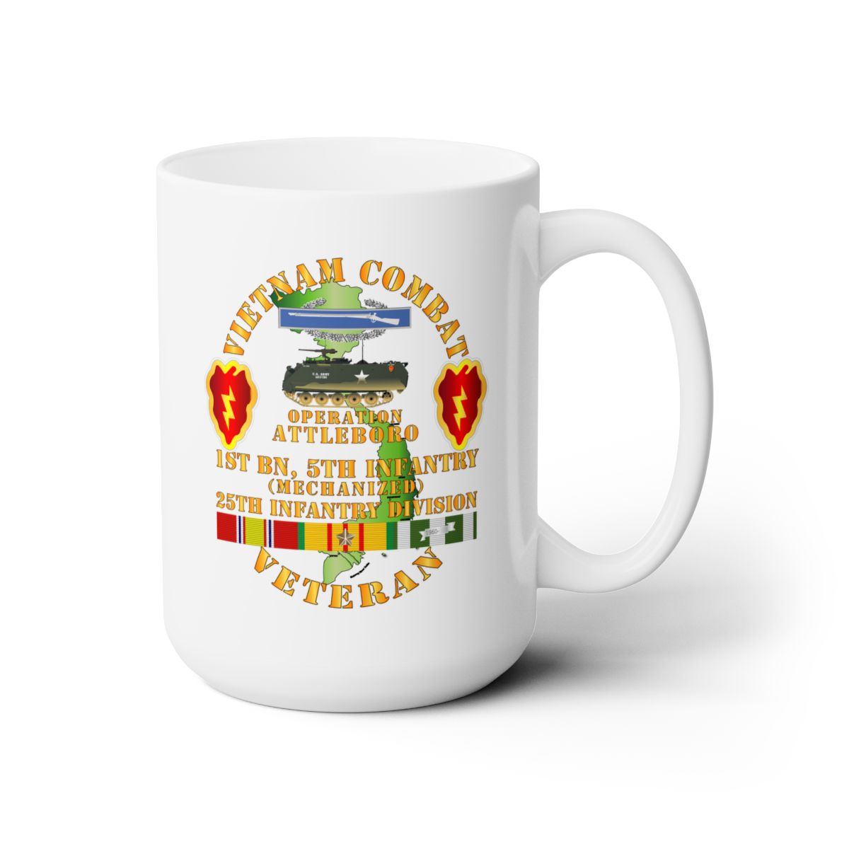 White Ceramic Mug 15oz - Army - Vietnam Combat Vet w 1st Bn 5th Inf - 25th Inf Div - Operation Attleboro w VN SVC