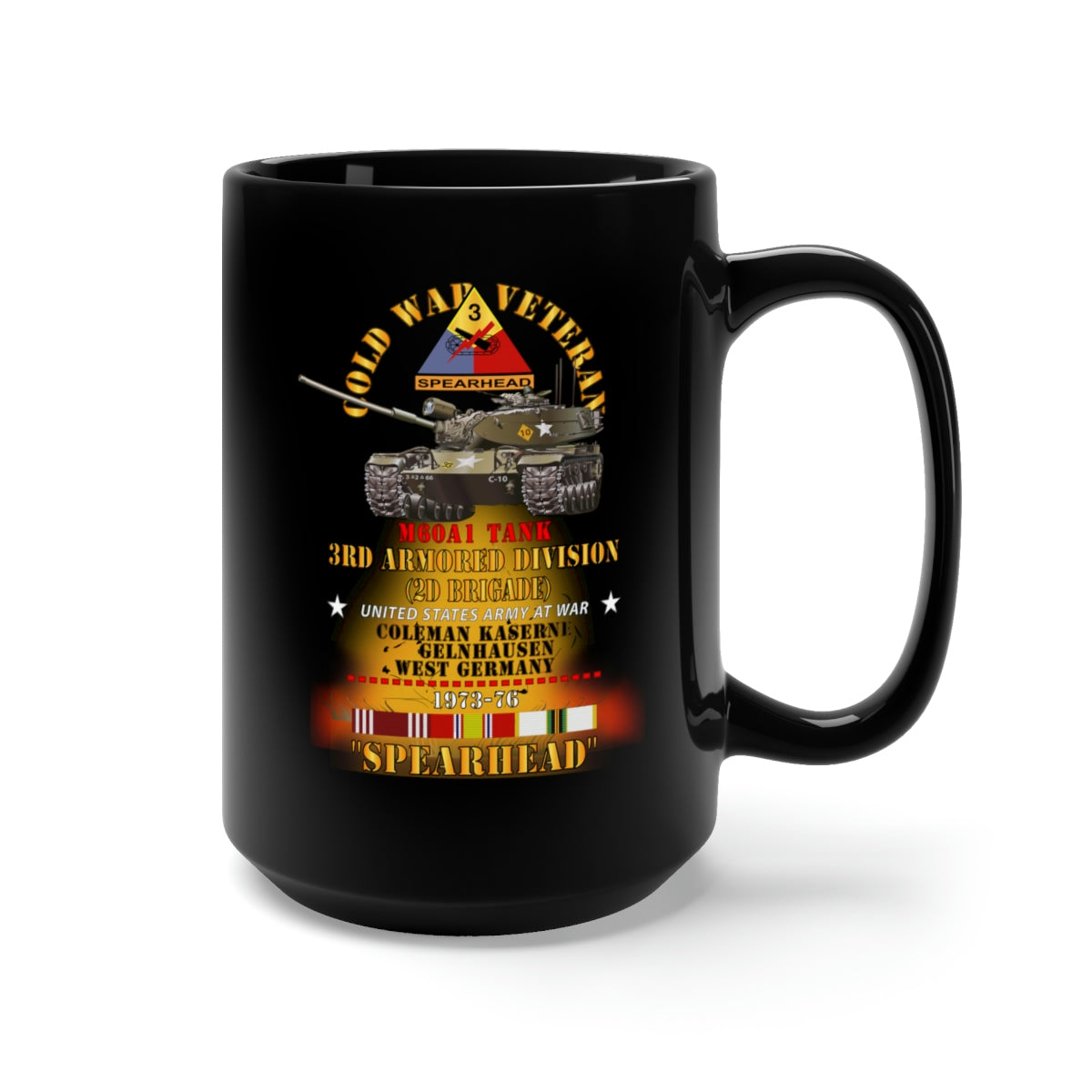 Black Mug 15oz - Army - Cold War Vet -  3rd Armored Division  - Gelnhausen, Germany - M60A1 Tank  - Spearhead w Fire - 1973-76 COLD X 300