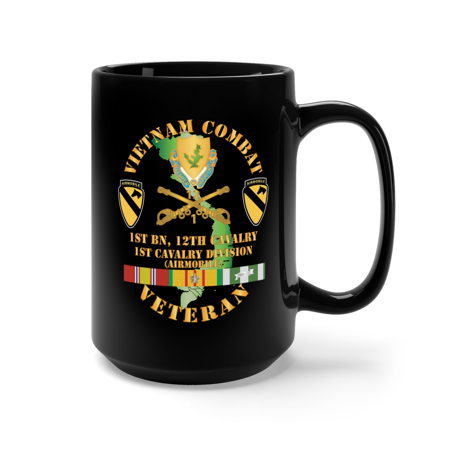 Black Mug 15oz - Army - Vietnam Combat Cavalry Veteran w 1st Bn 12th Cav DUI - 1st Cav Div X 300