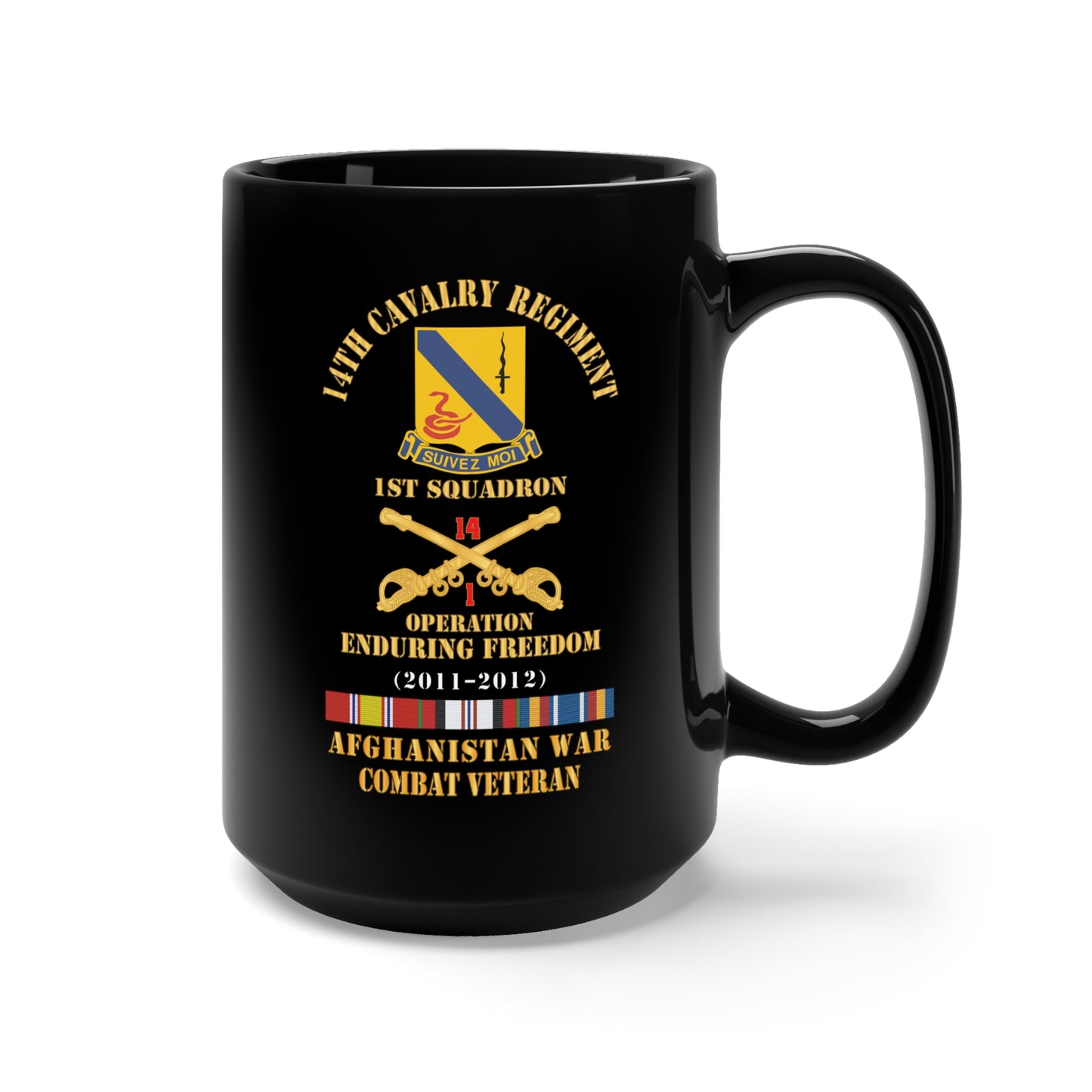 Black Mug 15oz - Army - 14th Cavalry Regiment w Cav Br - 1st Squadron - OEF - 2011-2012 - Red Txt Cbt Vet w AFGHAN SVC X 300