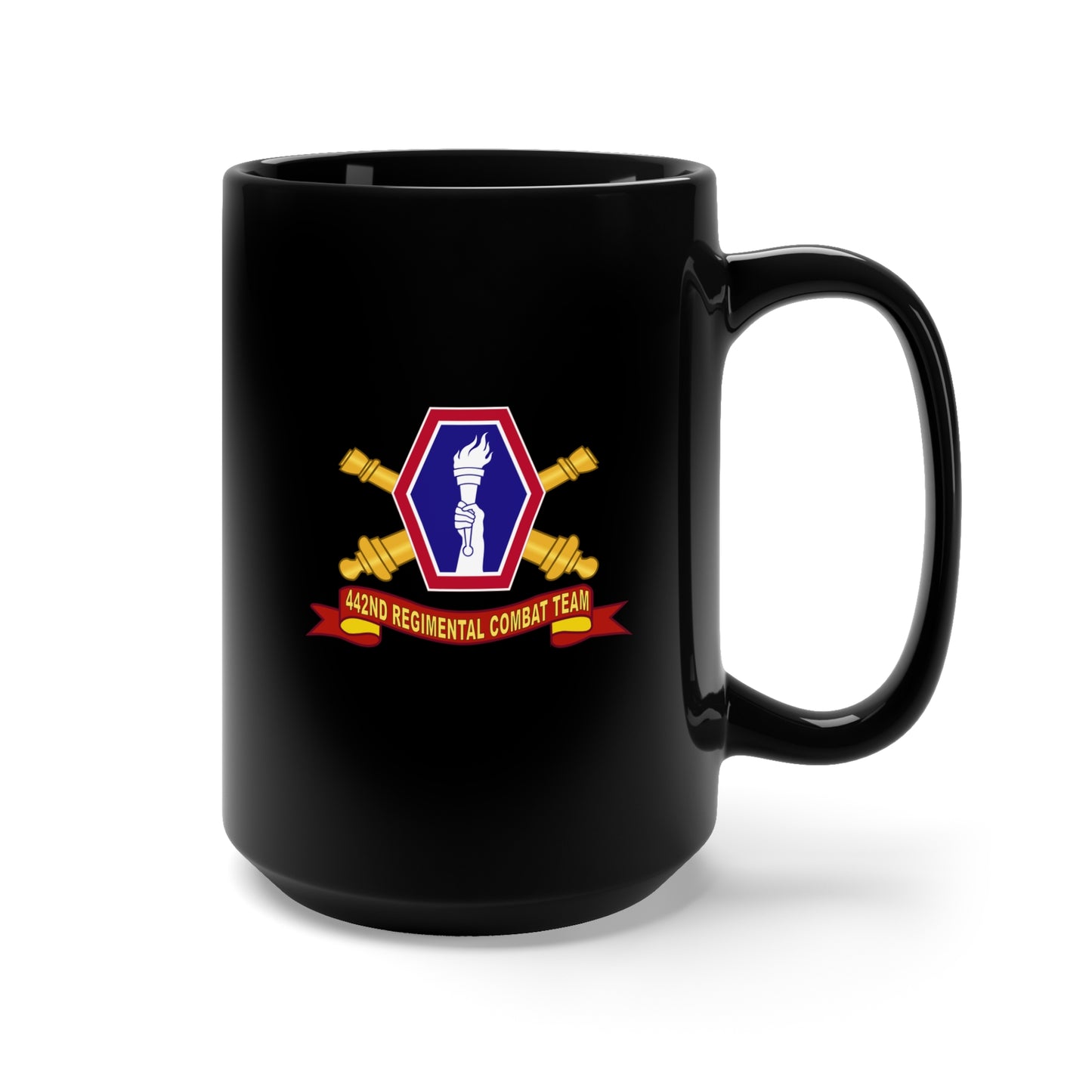 Black Mug 15oz -  Army - 442nd Infantry Regimental Combat Team w Artillery Br - SSI - Ribbon