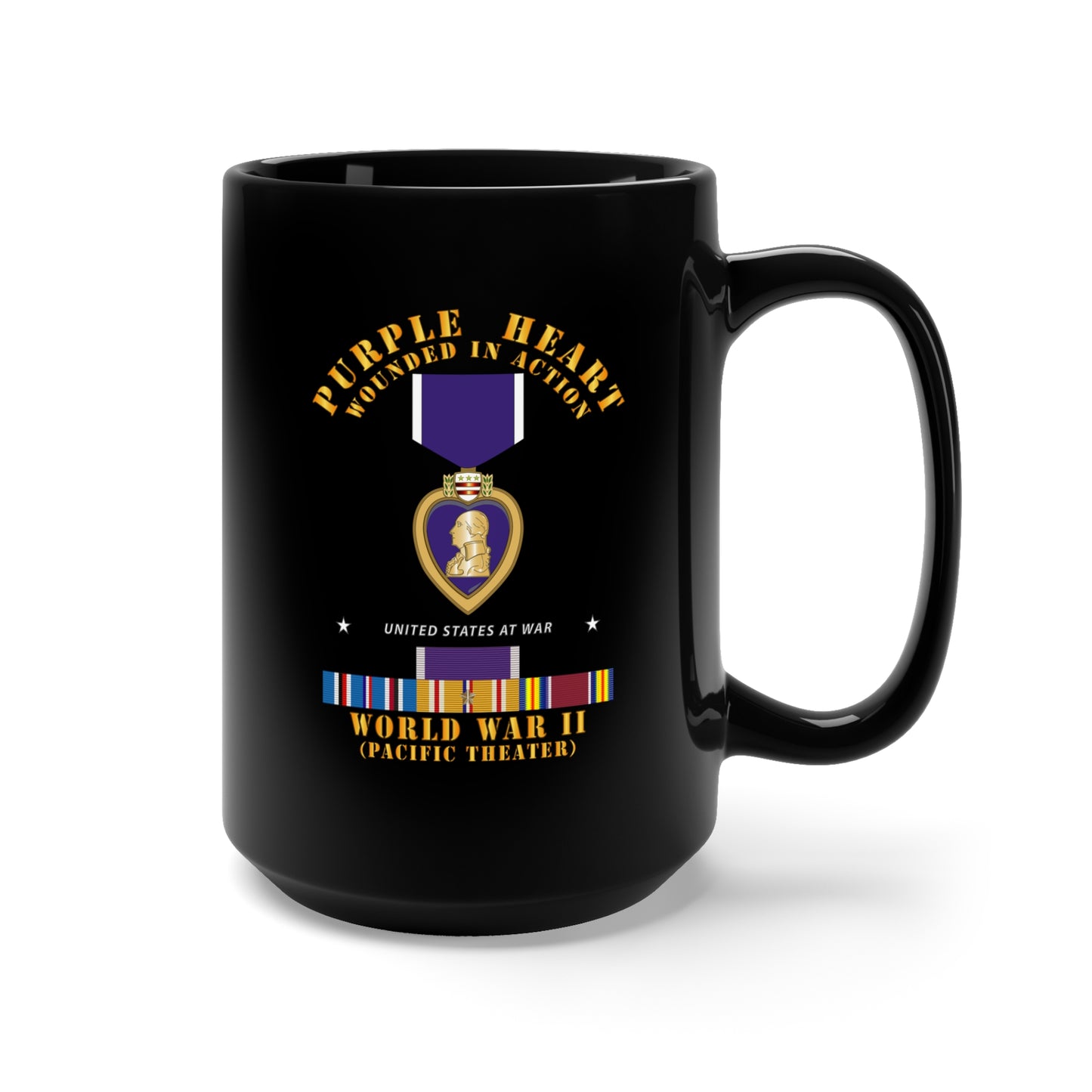 Black Mug 15oz - Purple Heart - WIA w WWII SVC w Purple Heart - Pacific
