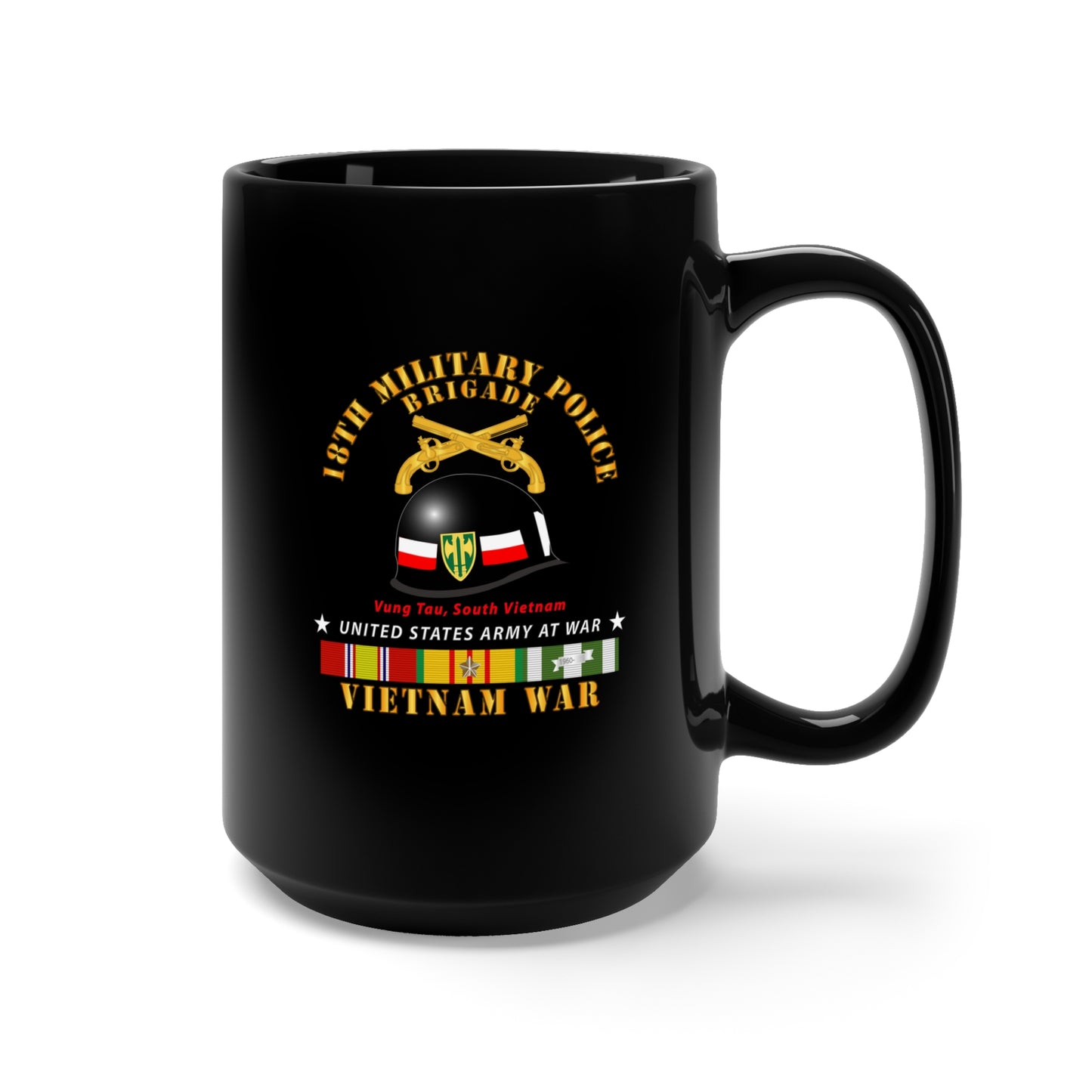 Black Mug 15oz - Army - 18th MP Brigade - Helmet -  Vietnam w SVCV1
