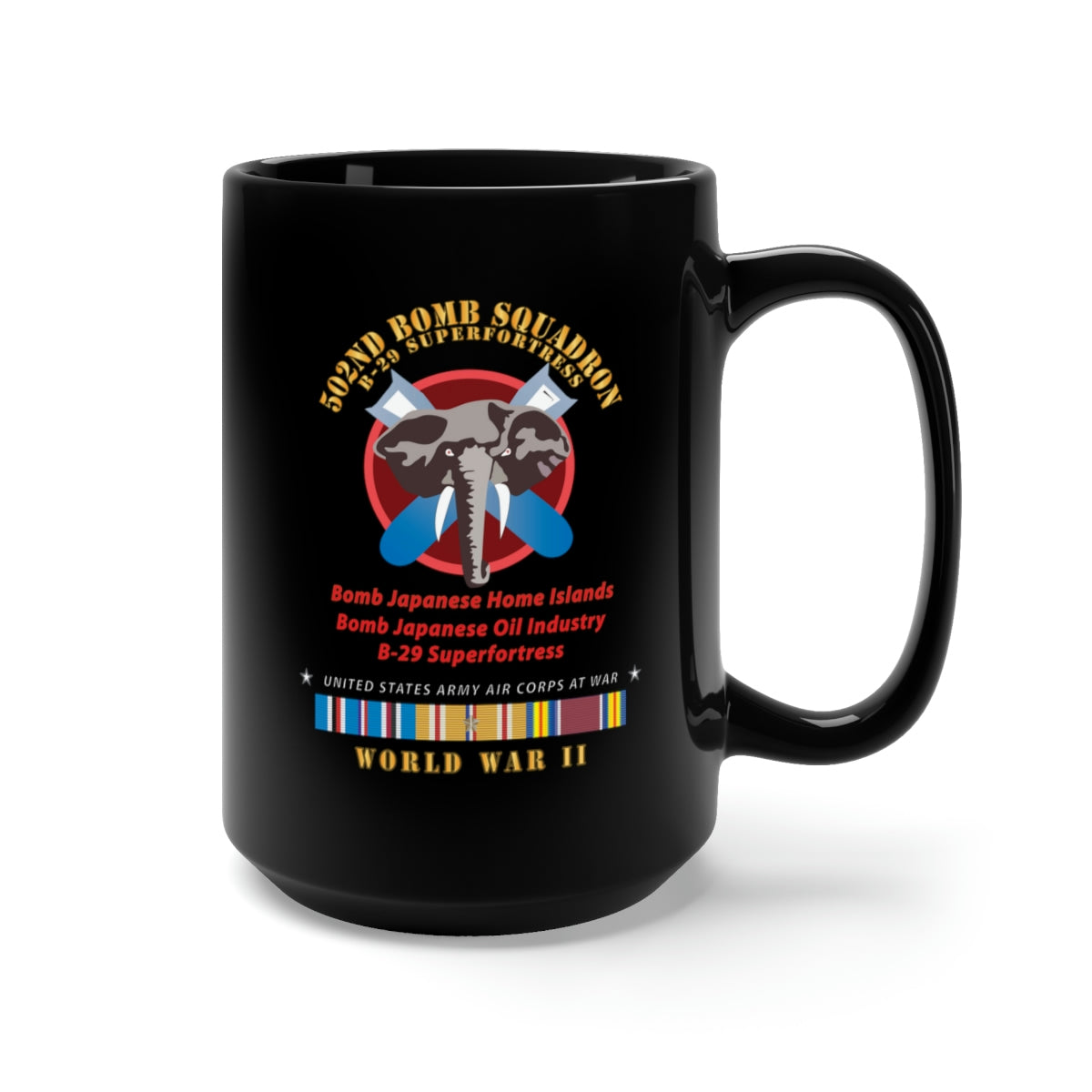 Black Mug 15oz - 502nd Bomb Squadron - B-29 Superfortress - Campaigns - World War II w PAC SVC X 300
