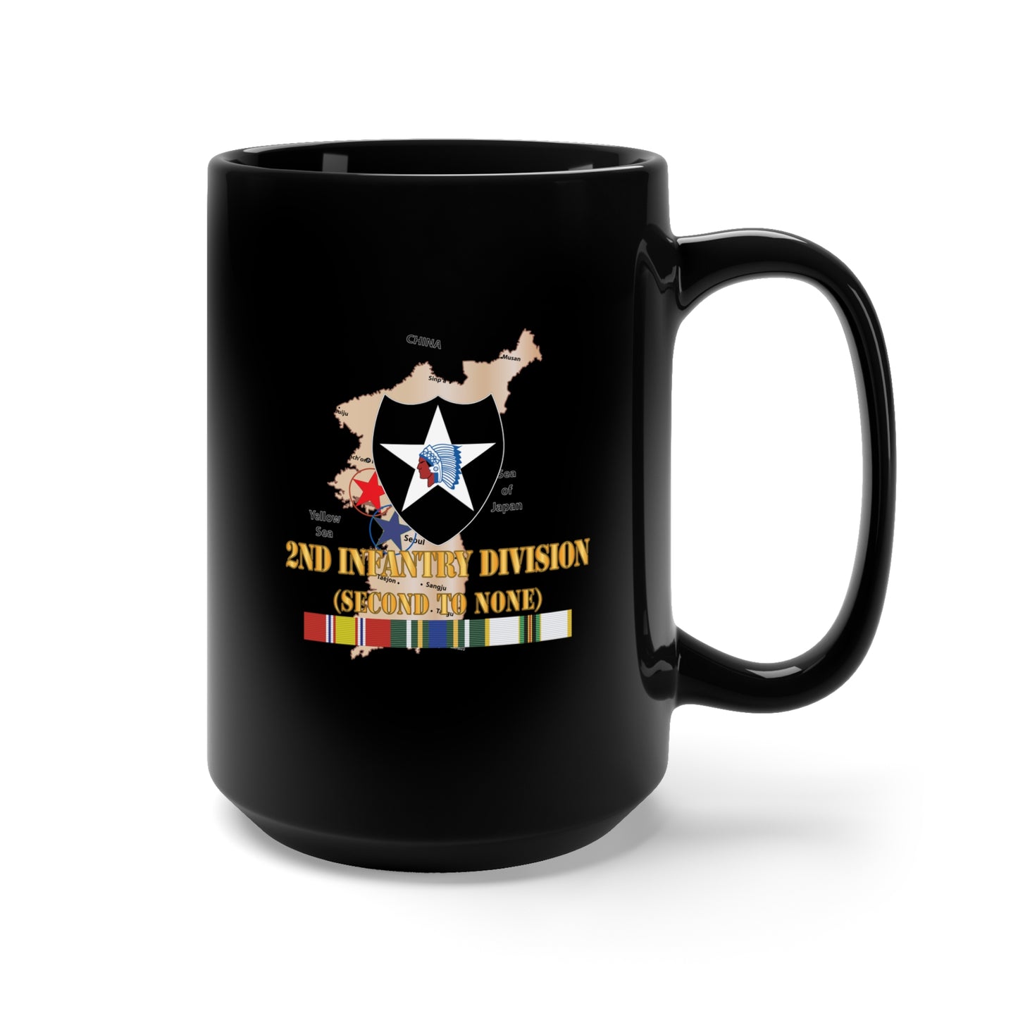 Black Mug 15oz - Army - Korea Map - 2nd Infantry Div - Second to None w SVC X 300