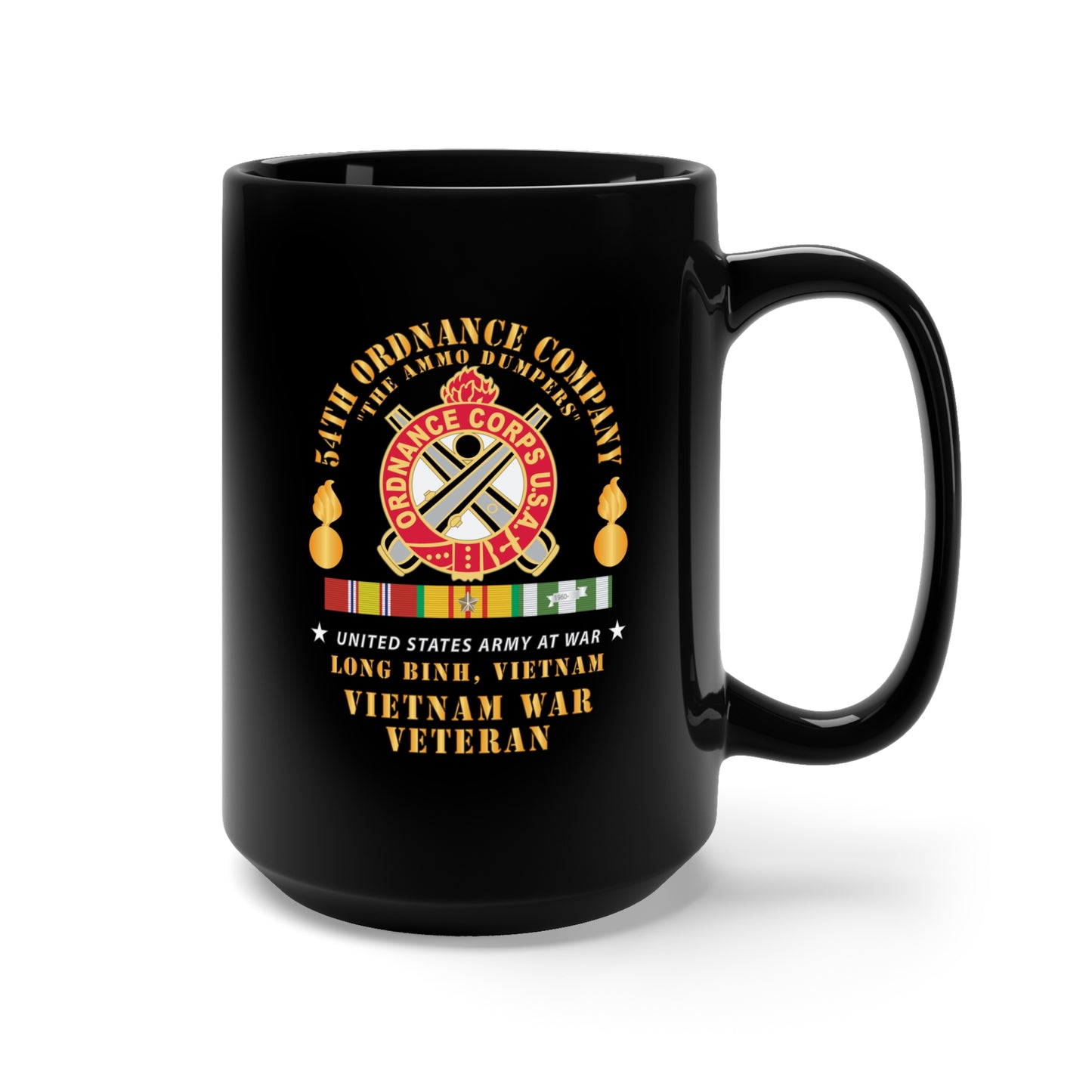 Black Mug 15oz - 54th Ordnance Company - ORD Emblem - Ammo Dumpers - Long Binh, Vietnam Vet w VN SVC X 300