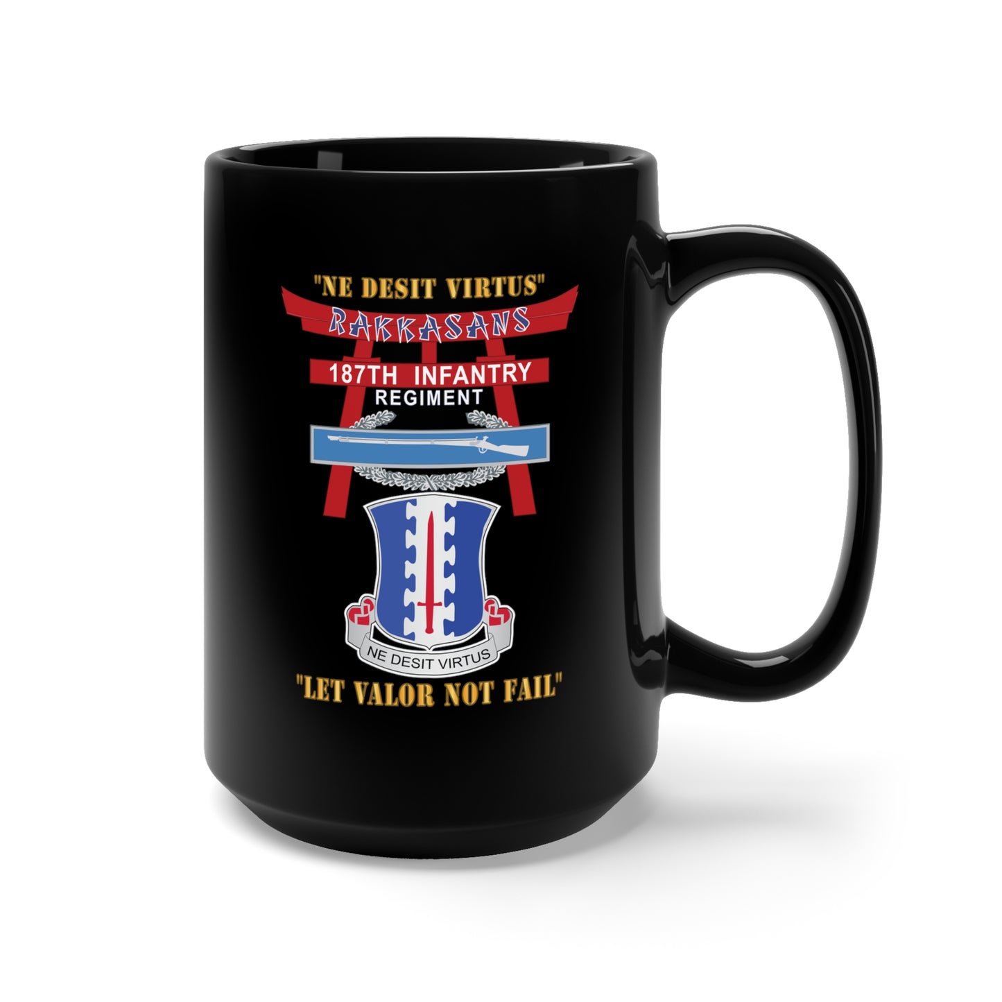 Black Mug 15oz - Army - 187th Infantry Regiment - Torii, Rakkasans, Let Valor Not Fail, English, Latin w CIB X 300