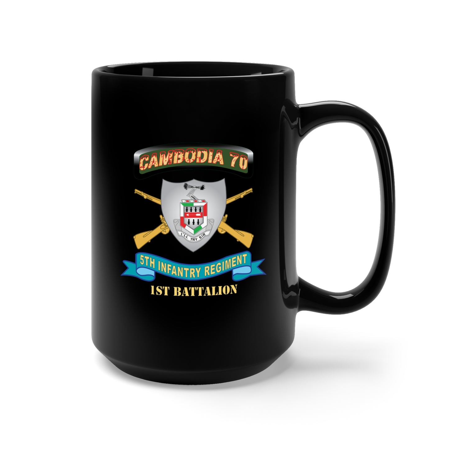Black Mug 15oz - 5th Infantry Regiment - DUI - 1st Battalion w Cambodia Tab w Br - Ribbon X 300