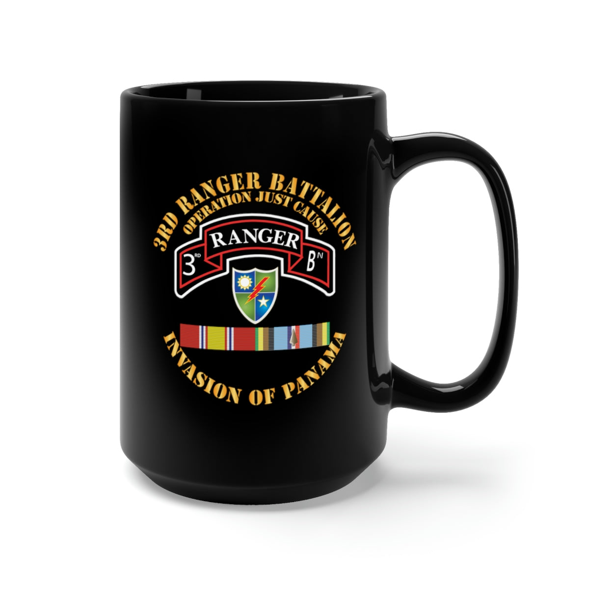 Black Mug 15oz - Army - Panama - 3rd Rgr Bn Operation Just Cause w Svc Ribbons X 300