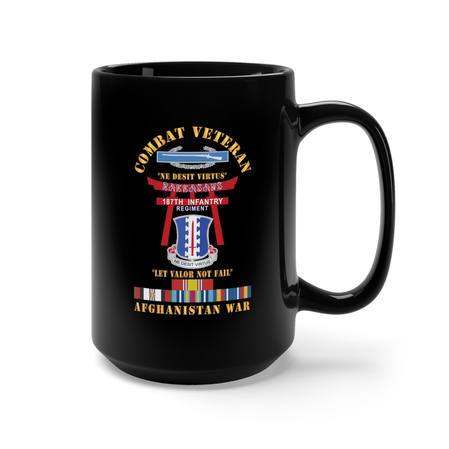 Black Mug 15oz - Army - Combat Veteran - 187th Infantry Regiment - Torii, Rakkasans, Let Valor Not Fail, English, Latin w CIB w GULF SVC X 300