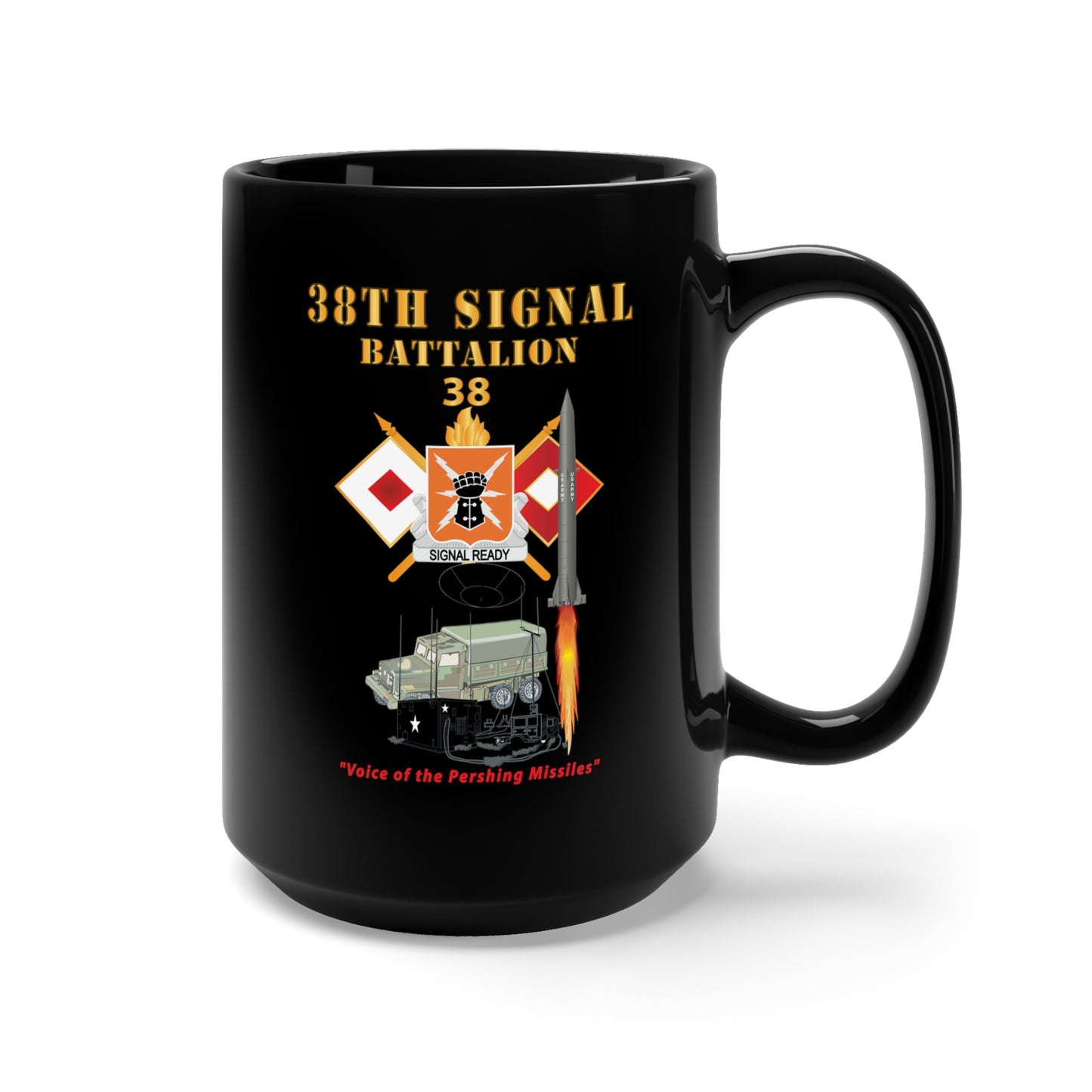 Black Mug 15oz - 38th Signal Bn - DUI - Br - Pershing Firing w Commo Station - Sat Dish X 300