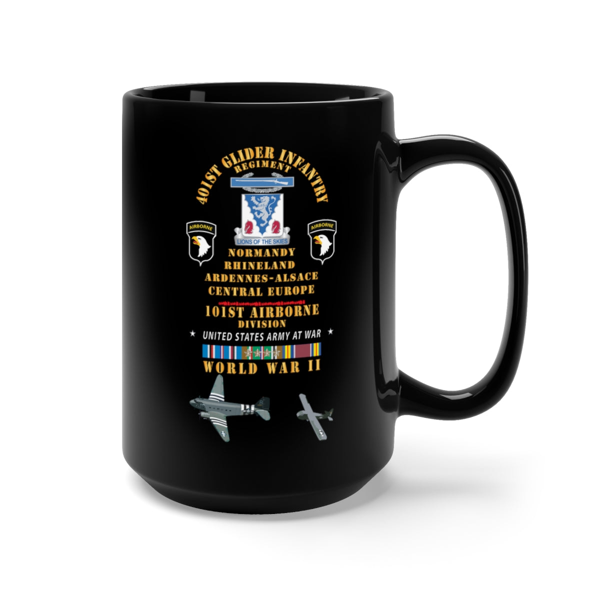 Black Mug 15oz - 401st Glider Infantry Regiment, 101st Airborne Div - Rhineland Central Eur Wwii w Eur Svc X 300