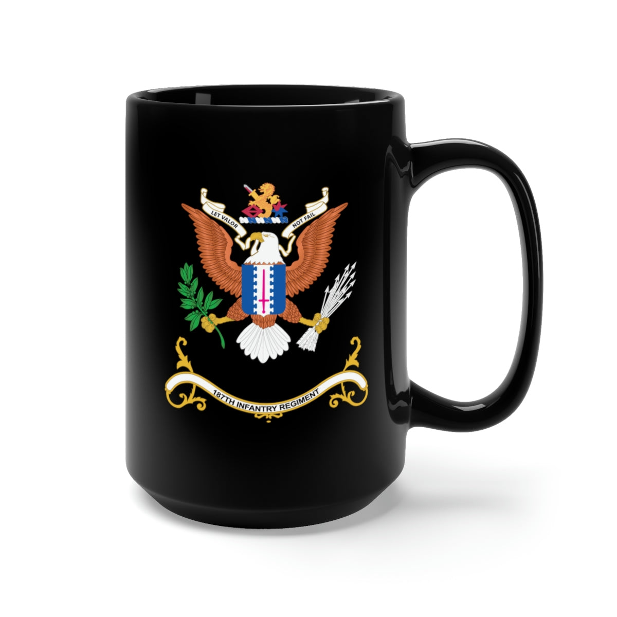 Black Mug 15oz - Army - Regimental Colors - 187th Infantry Regiment - LET VALOR NOT FAIL X 300