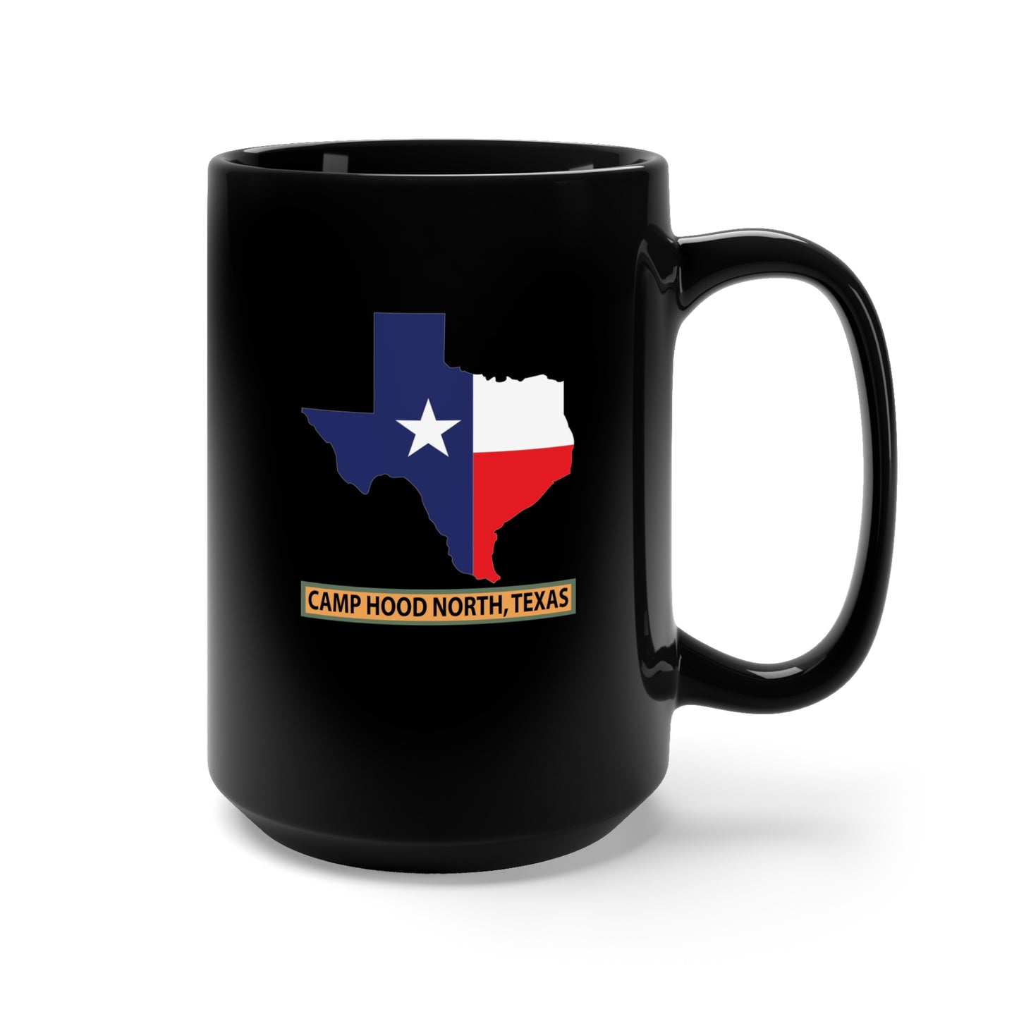 Black Mug 15oz - Texas Map Overprint with Texas State Flag - Camp Hood North, Texas X 300