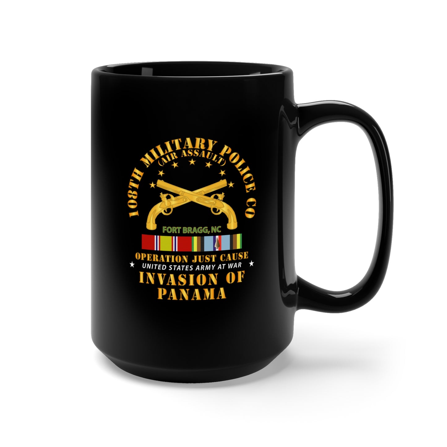 Black Mug 15oz - Just Cause - 108th Military Police Co-Air Assault - FBNC w Svc Ribbons