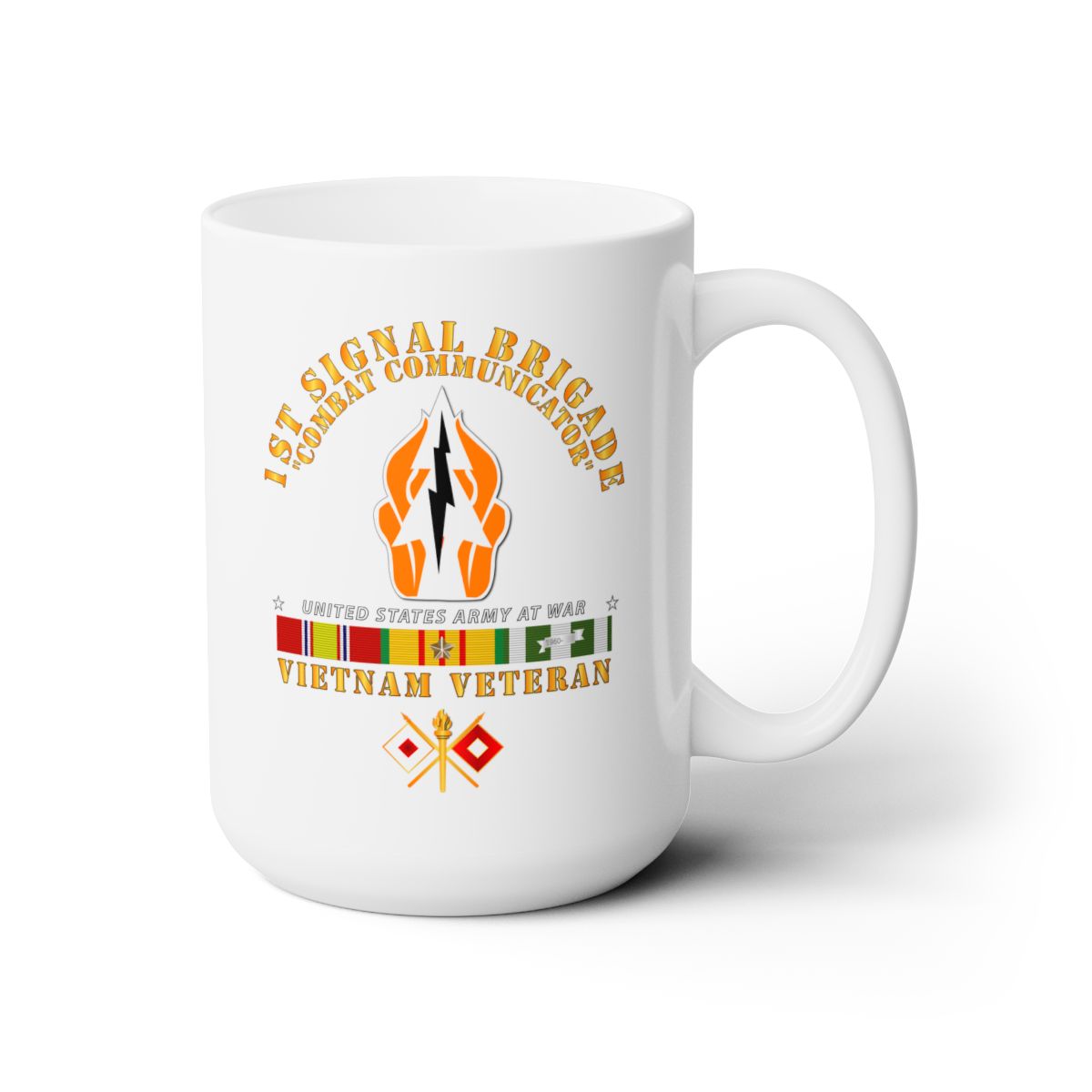 White Ceramic Mug 15oz - Army - 1st Signal Bde DUI - Combat Communicator w VN SVC X 300
